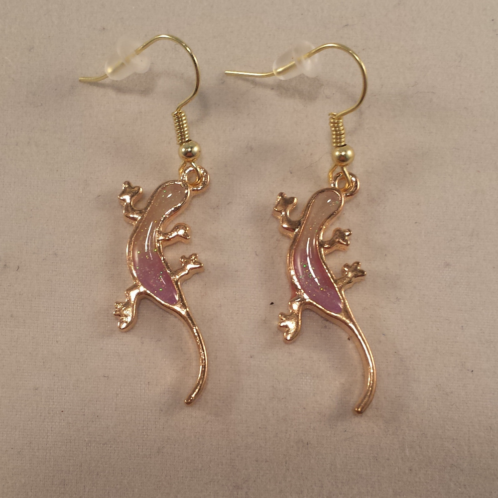 Gold Purple Gecko Drop Dangle Earrings New Mystical Purple Hypoallergenic Hooks
